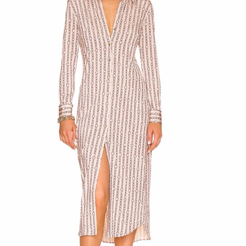 L'AGENCE Cream and Brown Patterned Long Sleeve Dress